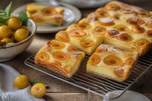 Mirabellen-Puddingkuchen vom Blech, frisch gebacken – saftige Mirabellen auf cremigem Vanillepuddingbelag und goldgelbem Rührteig