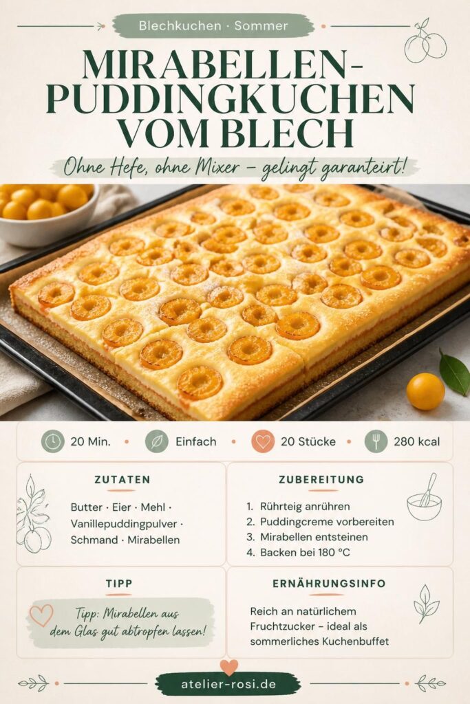 Mirabellen-Puddingkuchen vom Blech – Pinterest Pin mit Rezept und Zutaten