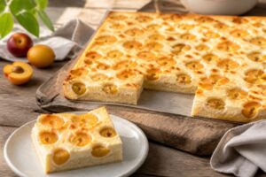 Mirabellen-Schmandkuchen vom Blech mit dünnem Mürbeteigboden, goldgelben Mirabellen und cremigem Schmandguss, frisch aus dem Ofen auf einem Backgitter