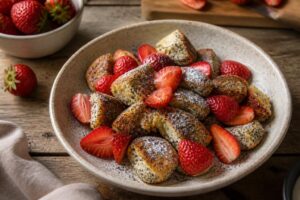 Mohnschmarrn aus dem Airfryer mit frischen Erdbeeren auf einem weißen Teller, bestäubt mit Puderzucker und garniert mit Minzeblättern