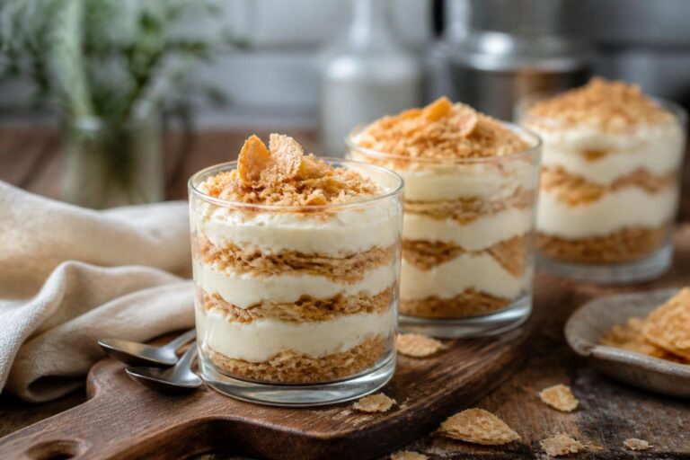 Napoleon-Dessert im Glas mit knusprigem Blätterteig und cremiger Vanillecreme, Nahaufnahme auf hellem Hintergrund