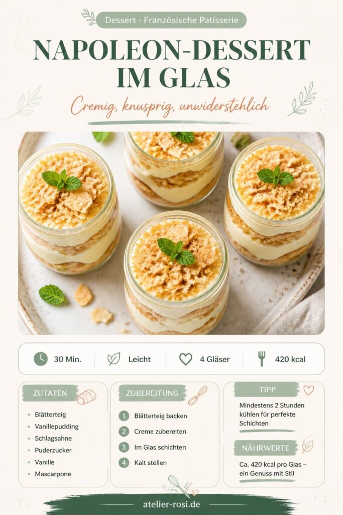 Napoleon-Dessert im Glas mit Blätterteig und Vanillecreme – Rezept zum Pinnen