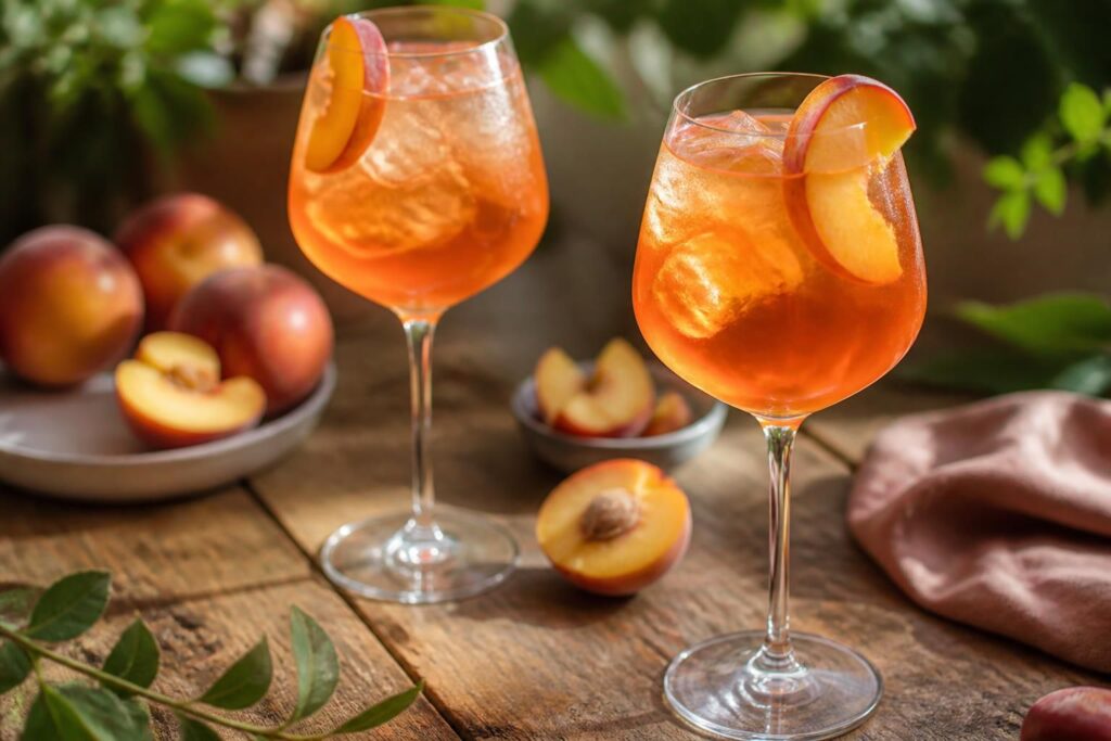 Nektarinen-Spritz im Weinglas mit Eiswürfeln, frischer Minze und Nektarinenscheiben auf einem sommerlichen Holztisch