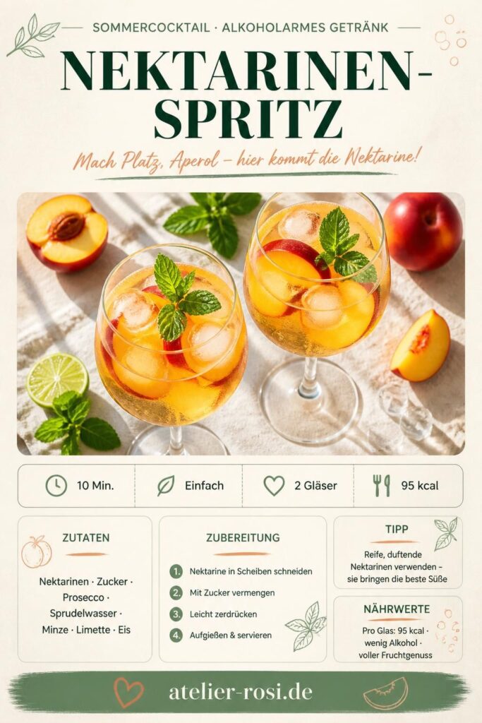 Nektarinen-Spritz im Weinglas mit Eis, Minze und Nektarinenscheiben – Pinterest-Rezeptkarte