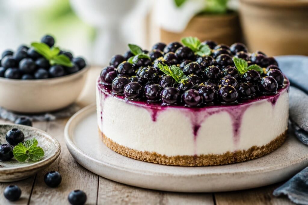 No-Bake-Cheesecake mit Heidelbeeren auf einem weißen Kuchenständer, mit frischen Blaubeeren und Puderzucker bestreut, von oben fotografiert