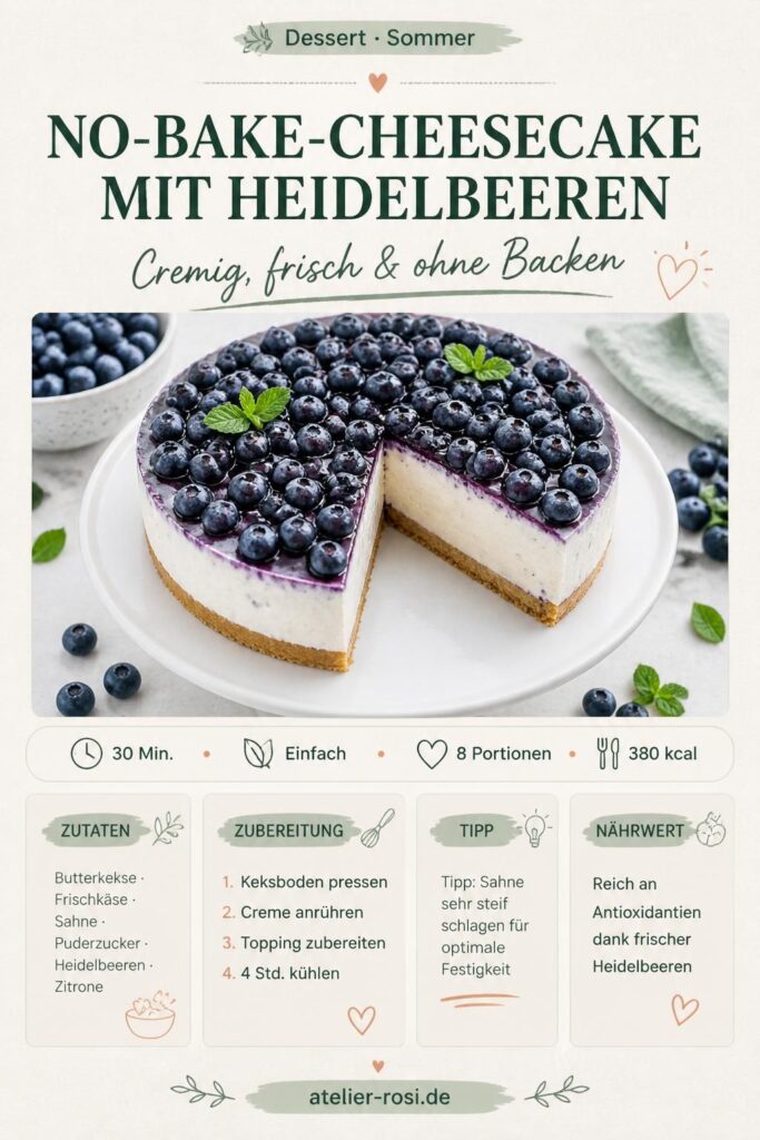 No-Bake-Cheesecake mit Heidelbeeren – Pinterest-Rezeptkarte mit Zutaten und Schritten