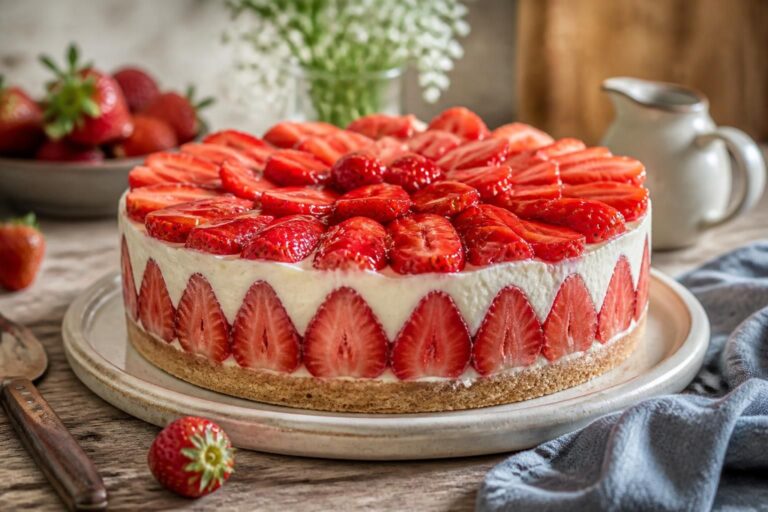 No-Bake-Erdbeerkuchen mit knusprigem Keksboden, cremiger Vanillepuddingcreme und frischen Erdbeeren in einer Springform, von oben fotografiert
