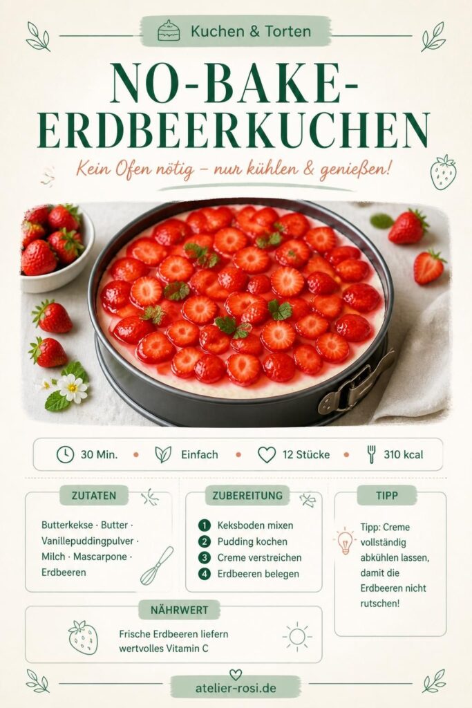 No-Bake-Erdbeerkuchen mit Keksboden und Puddingcreme – Pinterest-Bild