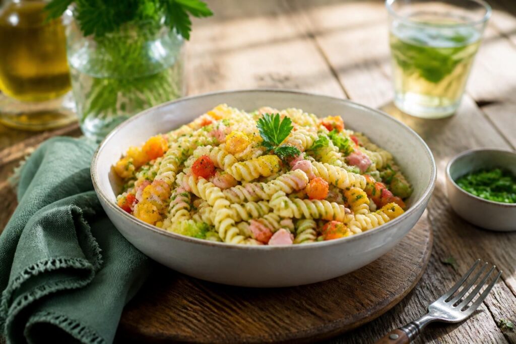 Nudelsalat mit Brühe statt Mayonnaise in einer großen Schüssel – saftig, bunt und perfekt für heiße Sommertage