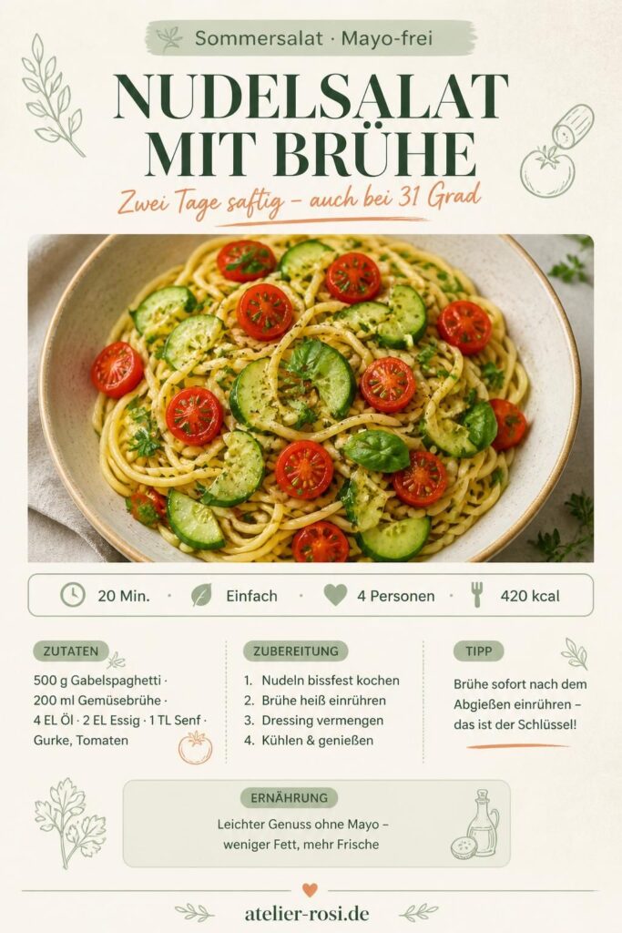 Nudelsalat mit Brühe statt Mayonnaise – saftig und hitzefest, perfekt für Grillpartys