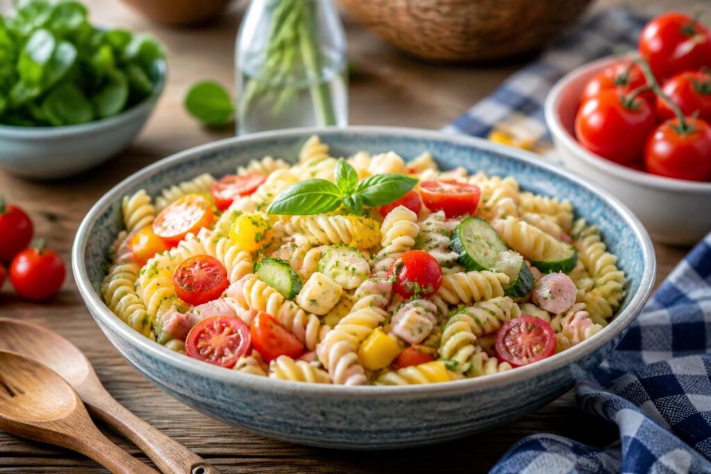 Bayerischer Nudelsalat mit Fleischwurst, Gewürzgurken und Radieschen in einer großen Schüssel, angerichtet mit frischen Frühlingszwiebeln