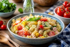 Bayerischer Nudelsalat mit Fleischwurst, Gewürzgurken und Radieschen in einer großen Schüssel, angerichtet mit frischen Frühlingszwiebeln