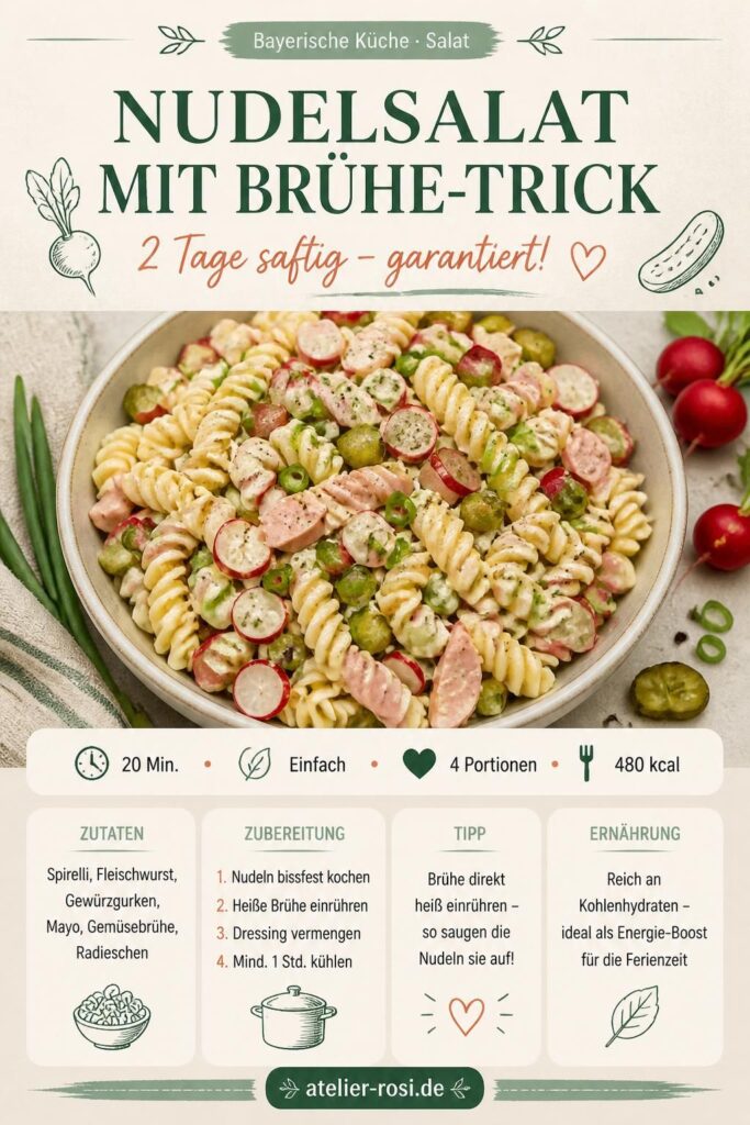 Bayerischer Nudelsalat mit Fleischwurst und Gewürzgurken in einer weißen Schüssel, Pinterest-Rezeptkarte