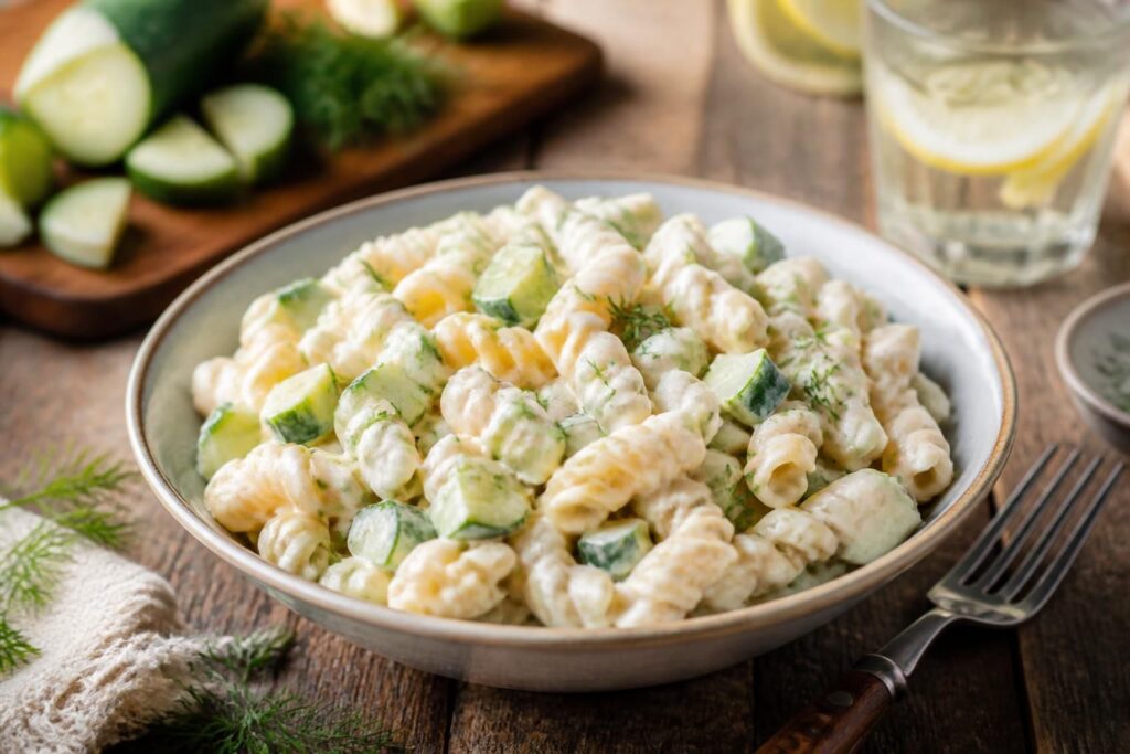 Cremiger Nudelsalat mit Joghurt und Gurke in einer weißen Schüssel, garniert mit frischem Dill und Schnittlauch, von oben fotografiert
