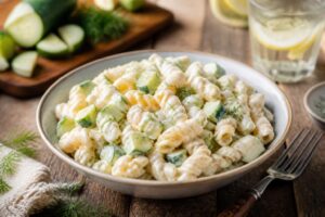 Cremiger Nudelsalat mit Joghurt und Gurke in einer weißen Schüssel, garniert mit frischem Dill und Schnittlauch, von oben fotografiert