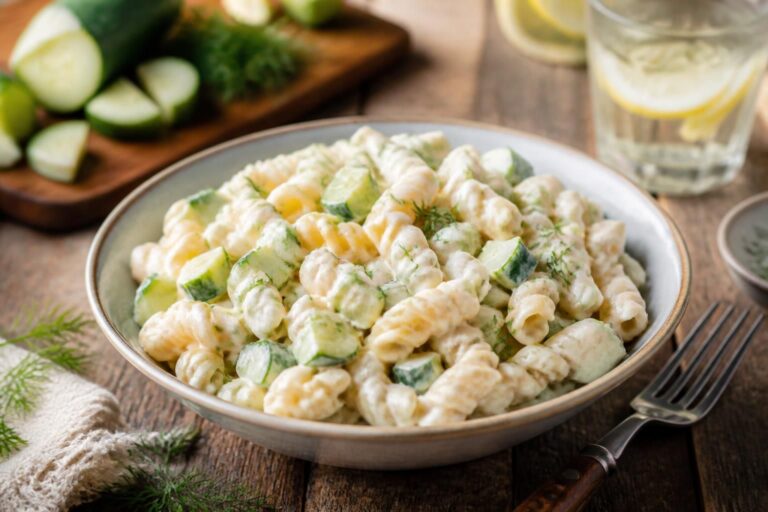 Cremiger Nudelsalat mit Joghurt und Gurke in einer weißen Schüssel, garniert mit frischem Dill und Schnittlauch, von oben fotografiert