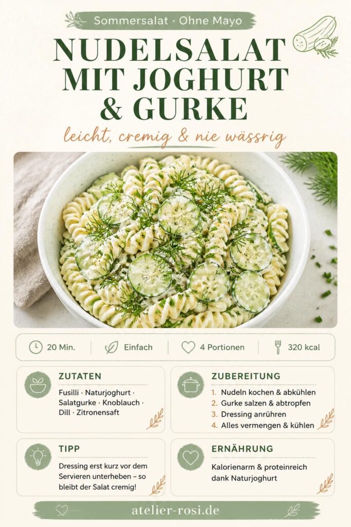 Nudelsalat mit Joghurt und Gurke in einer weißen Schüssel, garniert mit Dill und Schnittlauch