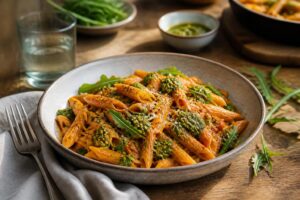 Penne mit cremiger Paprikacreme und grünem Rucola-Pesto, serviert in einem tiefen Pastateller mit frischem Rucola und geriebenem Parmesan