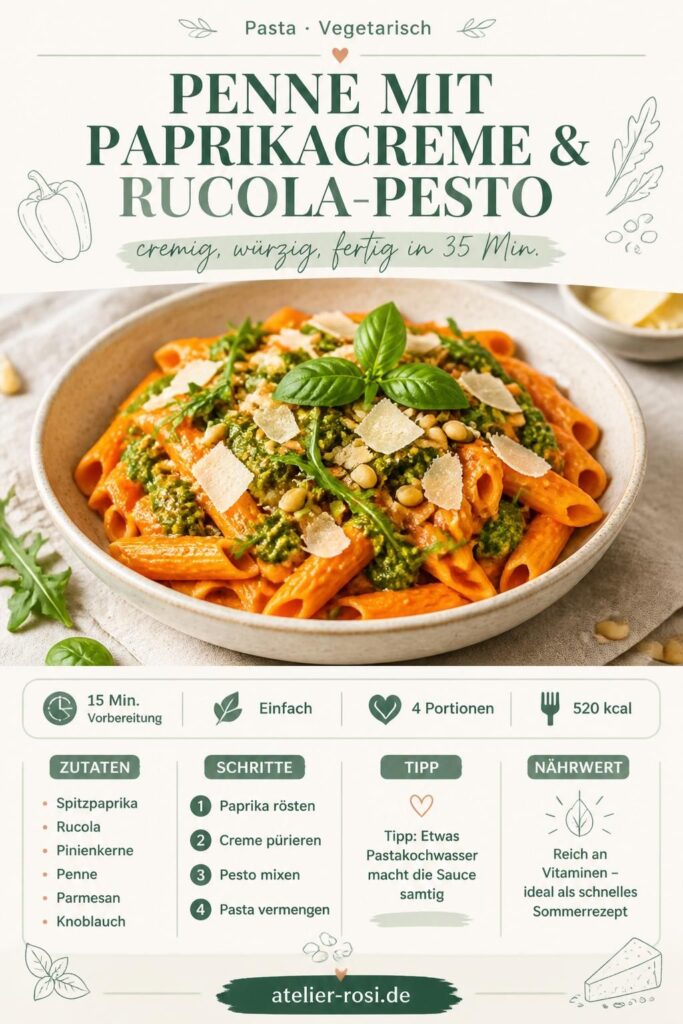 Penne mit Paprikacreme und Rucola-Pesto – cremiges vegetarisches Pasta-Rezept auf Pinterest merken