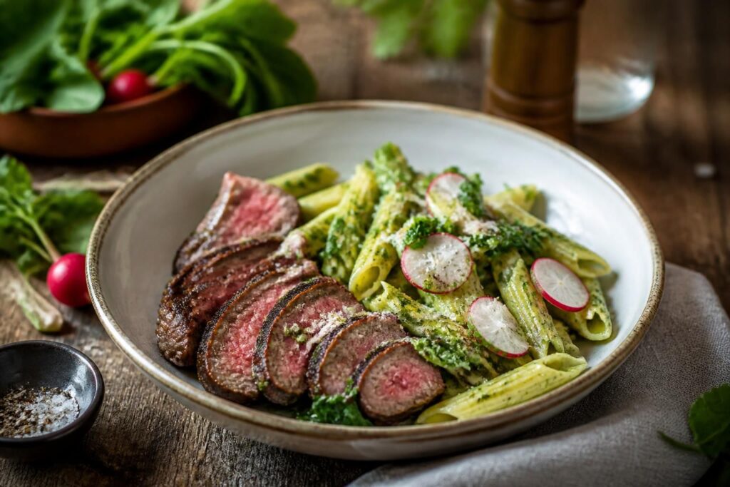Penne mit Radieschenblätter-Pesto und saftigem Rumpsteak auf einem weißen Teller, garniert mit frischem Parmesan und Cocktailtomaten
