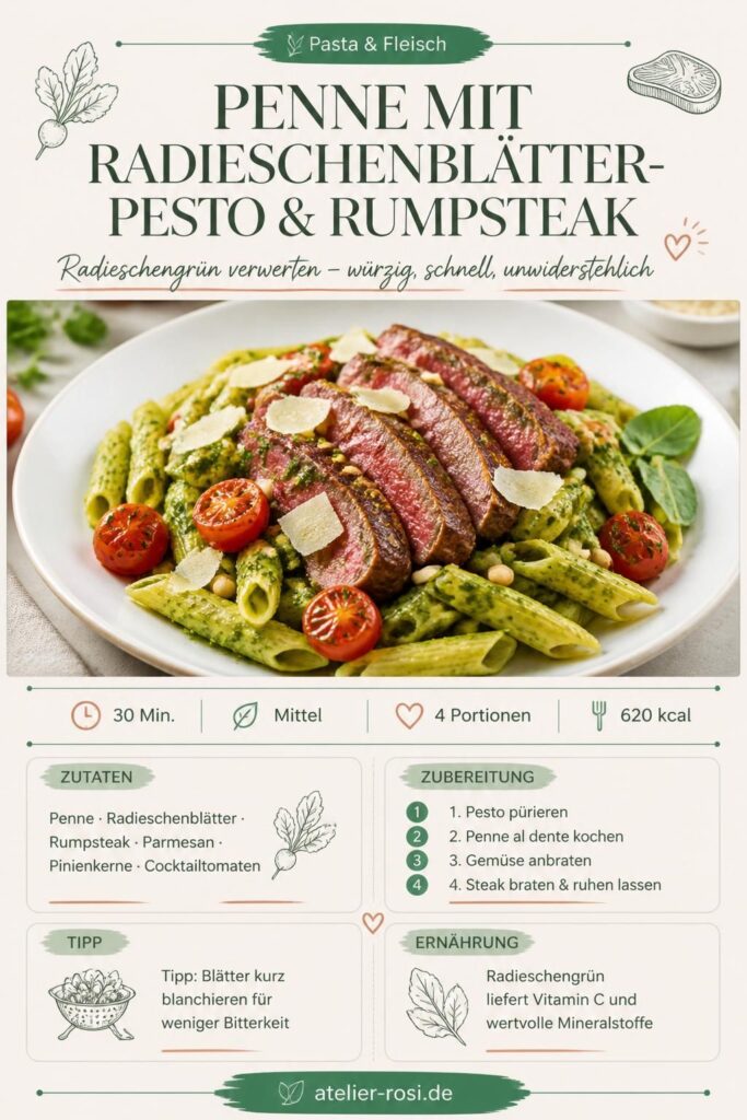 Penne mit Radieschenblätter-Pesto und Rumpsteak – Pin-Bild für Pinterest
