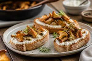 Pfifferling-Bruschetta mit Frischkäse auf einem Holzbrett, goldbraun geröstet, mit frischer Petersilie garniert