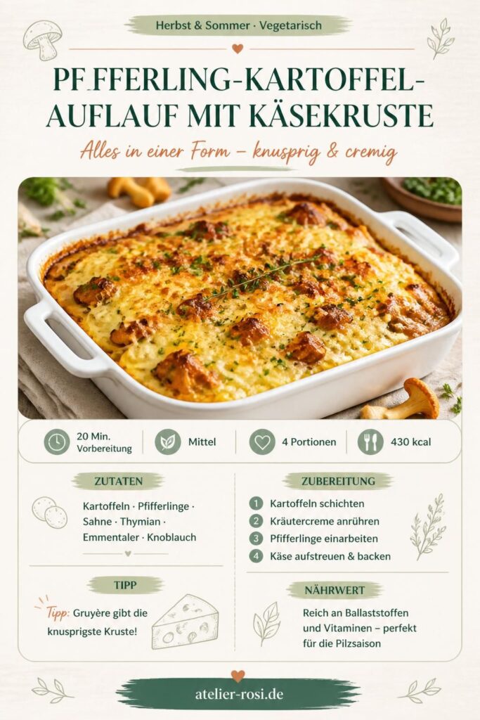 Pfifferling-Kartoffel-Auflauf mit Kräutern und Käsekruste – Pinterest-Rezeptkarte