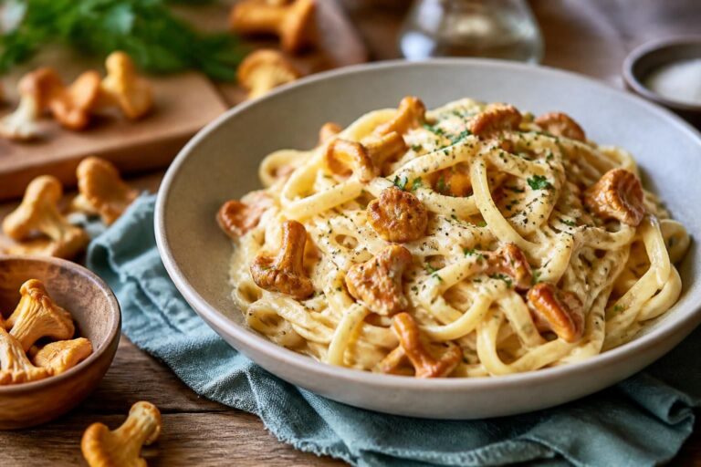 Cremige Pfifferling-Pasta mit Frischkäse in einem weißen Pastateller, garniert mit frischer Petersilie und goldbraun gebratenen Pfifferlingen