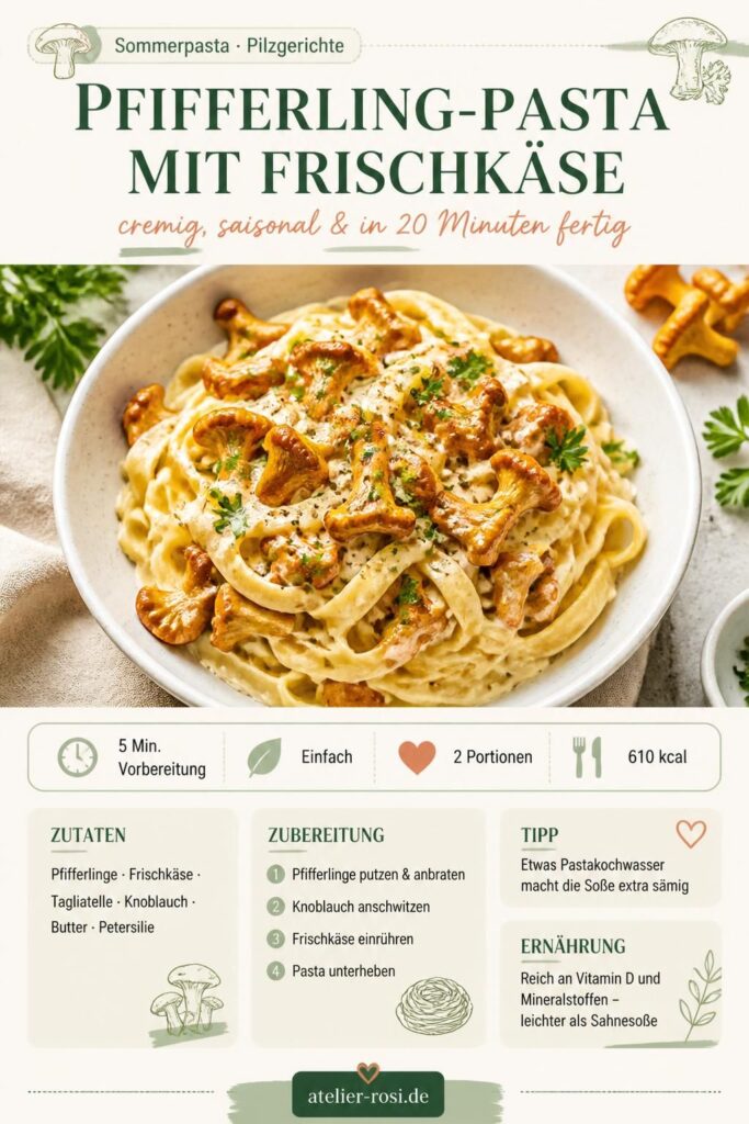 Cremige Pfifferling-Pasta mit Frischkäse auf einem weißen Teller, garniert mit Petersilie – Pinterest-Rezeptkarte von atelier-rosi.de