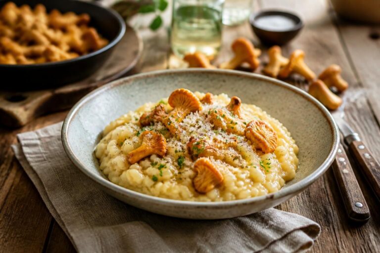 Cremiges Pfifferling-Risotto mit goldenem Parmesan und frischen Pfifferlingen, angerichtet in einem tiefen weißen Teller auf einem Holztisch