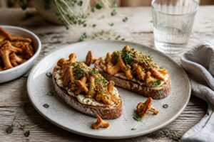 Pfifferling-Toast auf rustikalem Holzbrett: goldbraune Eierschwammerl mit Butter und Thymian auf geröstetem Weißbrot, garniert mit frischer Petersilie
