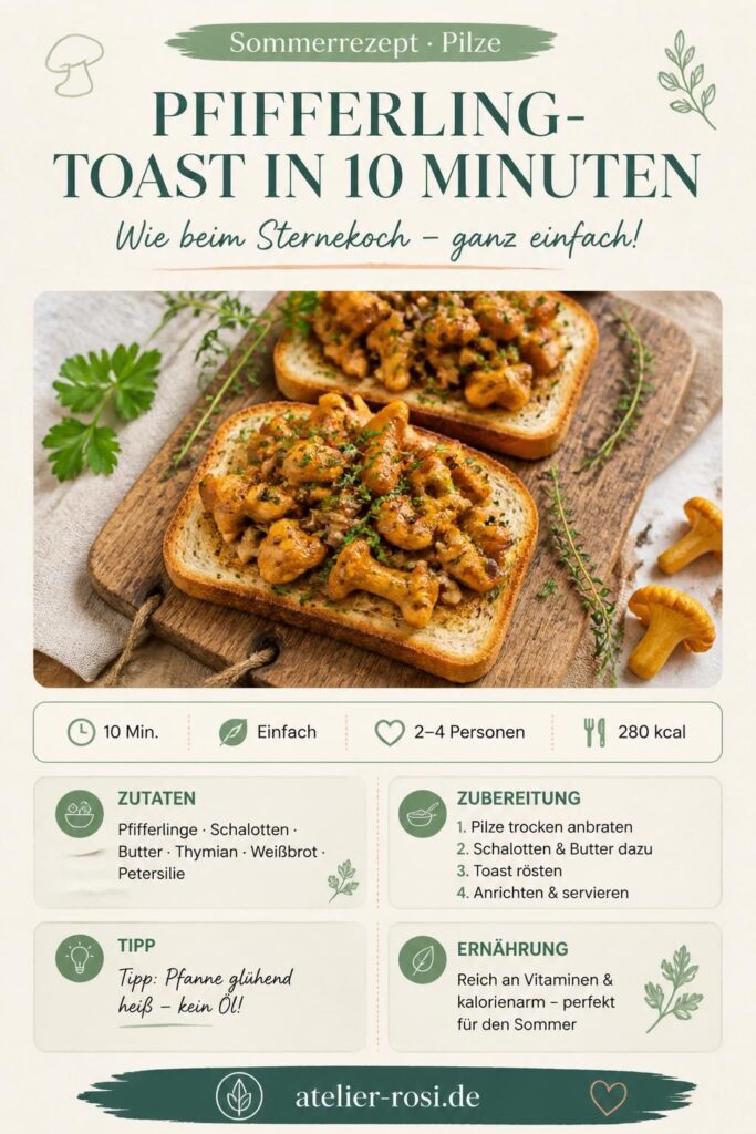 Pfifferling-Toast auf rustikalem Holzbrett – goldbraune Eierschwammerl mit Butter und Thymian auf knusprigem Weißbrot