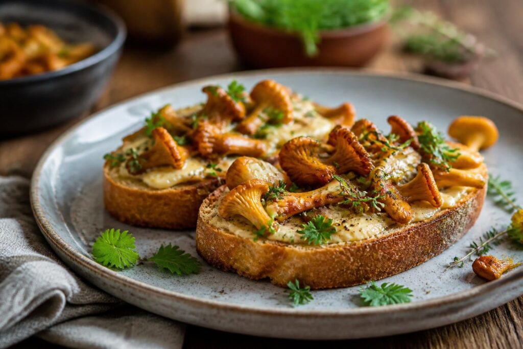 Pfifferling-Toast auf rustikalem Holzbrett – goldgelbe Eierschwammerl mit Thymian auf knusprigem Sauerteigbrot, Juli-Sommerrezept
