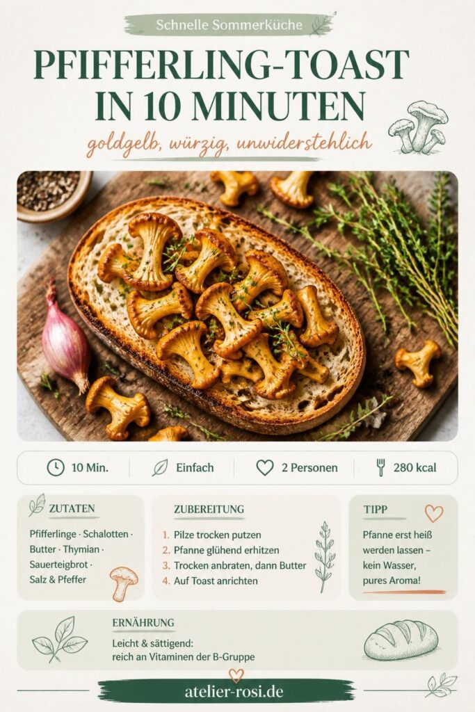 Pfifferling-Toast in 10 Minuten – goldgelbe Eierschwammerl auf Sauerteigbrot, Juli-Sommerrezept