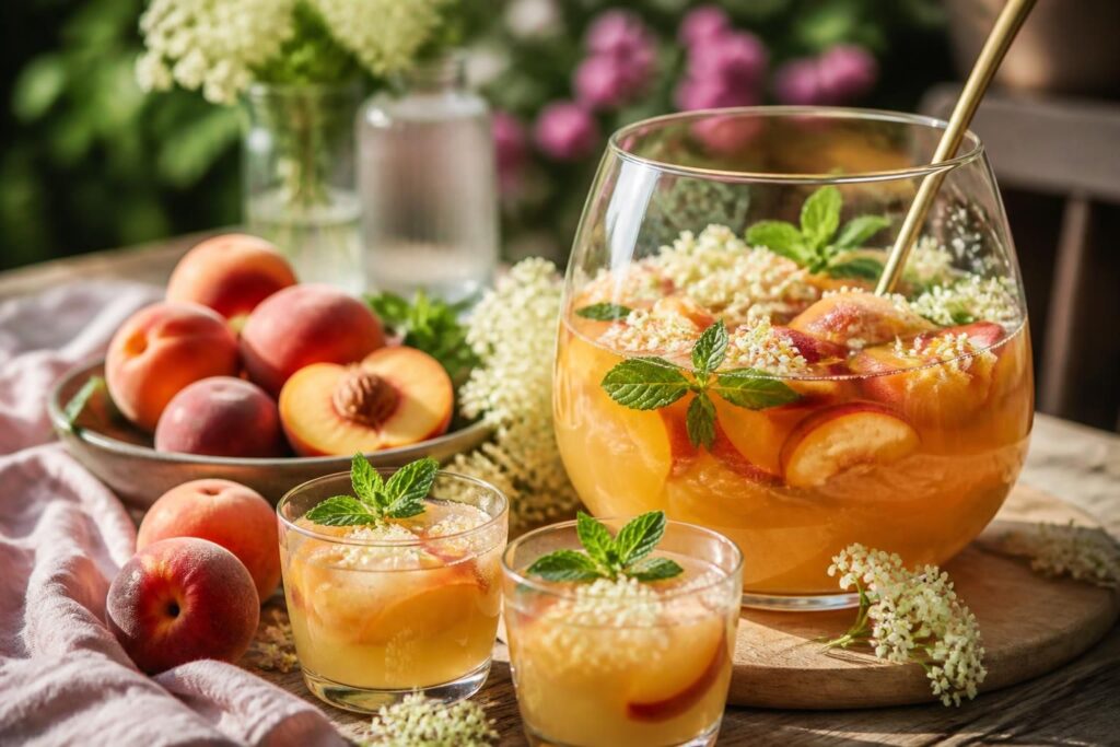 Alkoholfreie Pfirsich-Bowle mit Holunderblütensirup in einer Glasschüssel, garniert mit frischen Pfirsichscheiben und Eiswürfeln