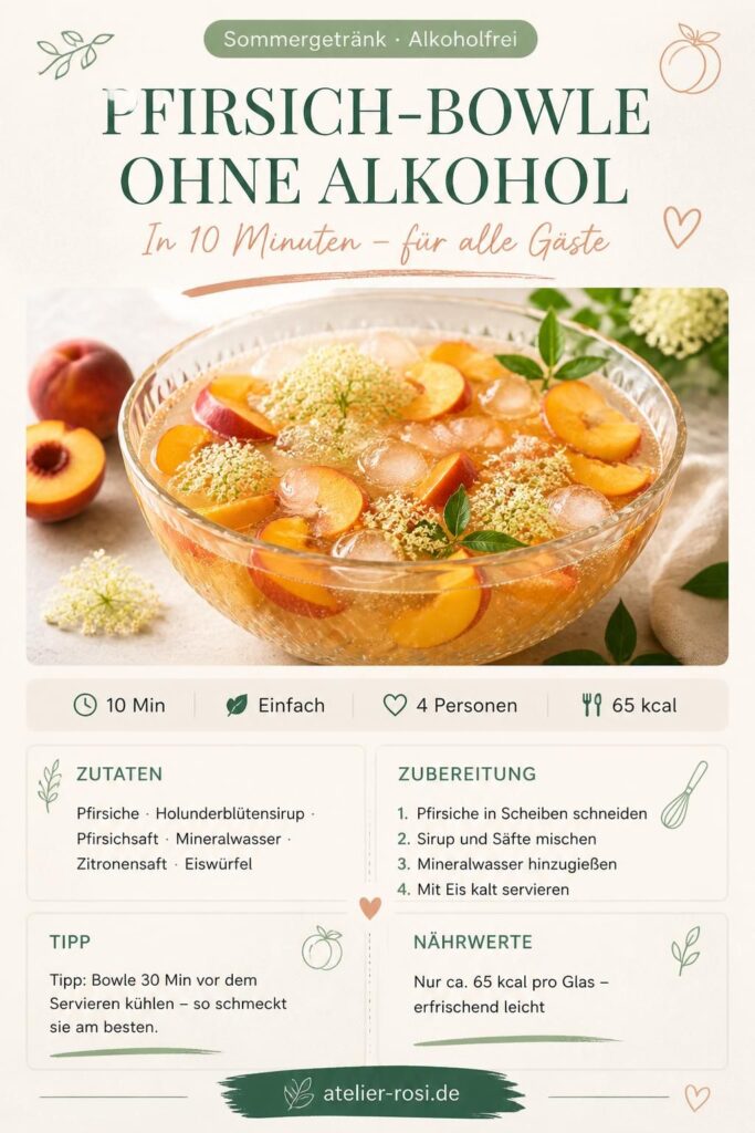 Alkoholfreie Pfirsich-Bowle mit Holunderblütensirup – Pinterest-Rezeptkarte