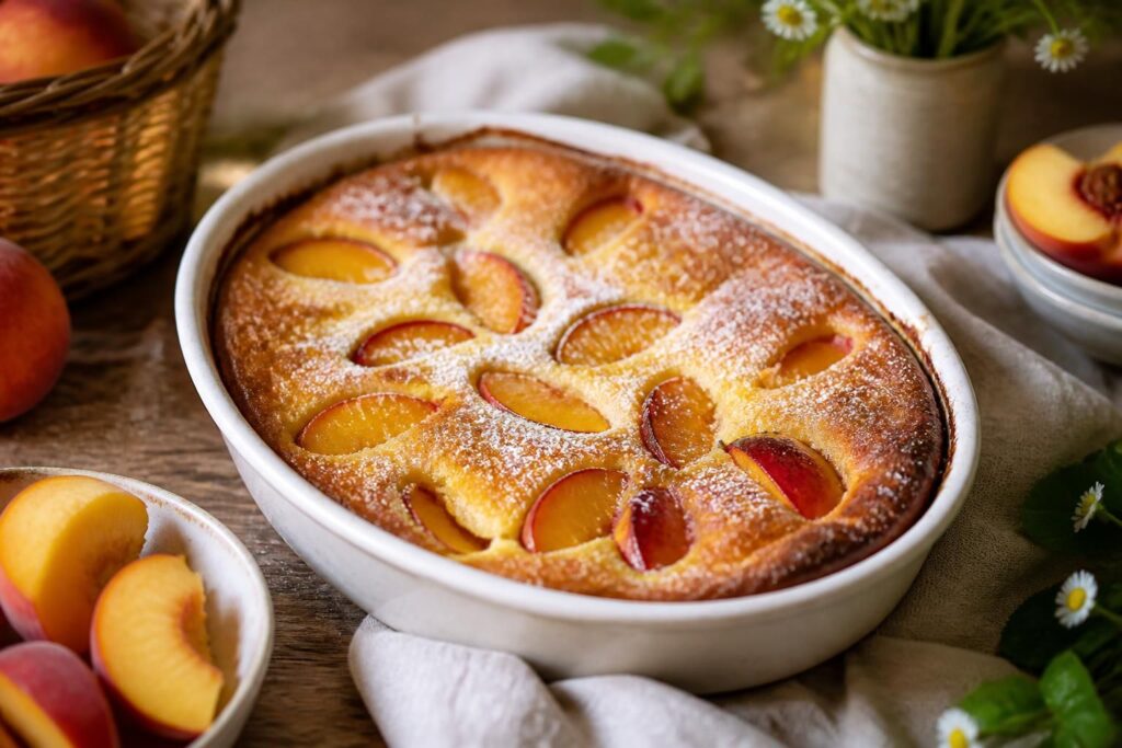 Pfirsich-Clafoutis frisch aus dem Ofen in einer Auflaufform, goldbraun und cremig, bestäubt mit Puderzucker