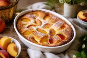 Pfirsich-Clafoutis frisch aus dem Ofen in einer Auflaufform, goldbraun und cremig, bestäubt mit Puderzucker