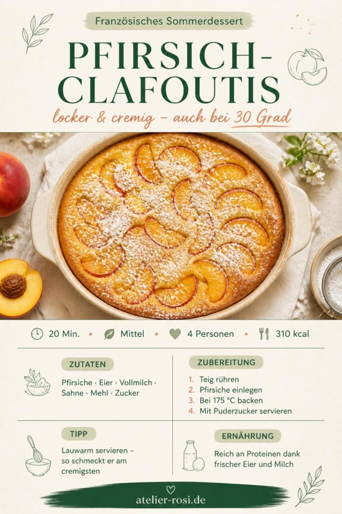 Pfirsich-Clafoutis aus dem Ofen, goldbraun und cremig, bestäubt mit Puderzucker