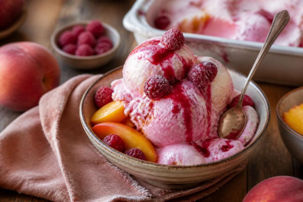 Pfirsich-Melba-Eis ohne Eismaschine in einer Kastenform mit sichtbaren Himbeer- und Pfirsichschichten, garniert mit frischen Himbeeren und Minze