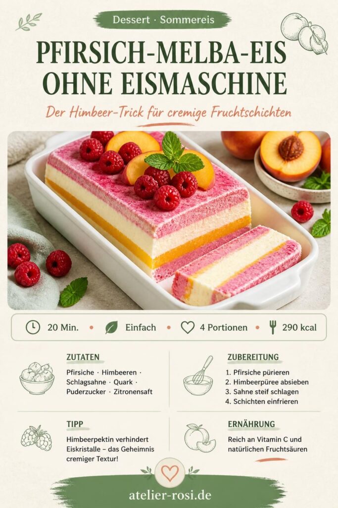 Pfirsich-Melba-Eis ohne Eismaschine mit sichtbaren Himbeer- und Pfirsichschichten – Pinterest-Bild