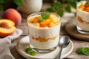 Pfirsich-Milchreis-Dessert im Glas mit sichtbaren Schichten: cremiger Vanillemilchreis und frische Pfirsichscheiben, garniert mit Sahne und Minze