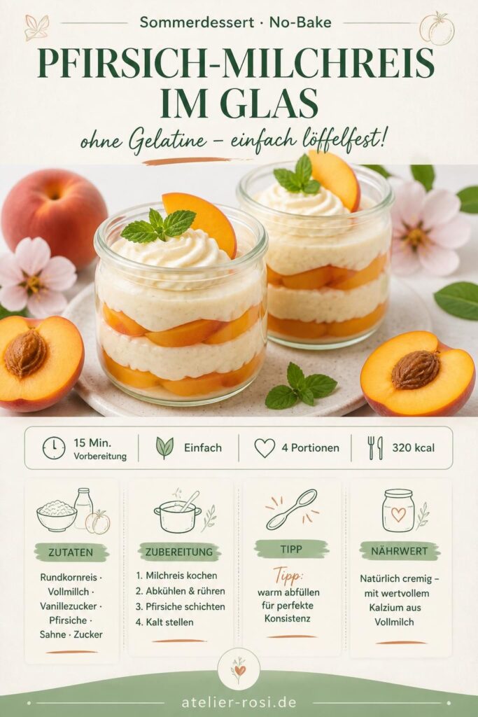 Pfirsich-Milchreis-Dessert im Glas mit cremigen Schichten und frischen Pfirsichen