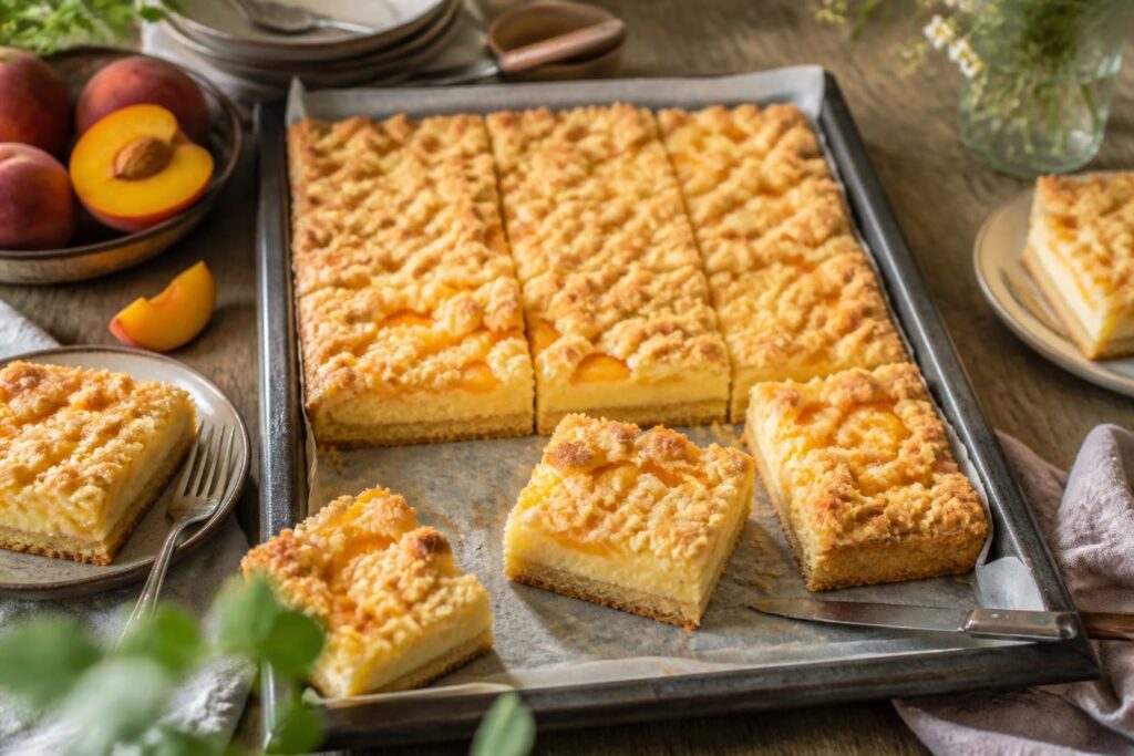 Pfirsich-Quark-Streuselkuchen vom Blech im Anschnitt: drei Schichten sichtbar – Rührteigboden, cremige Quarkfüllung und goldene Streusel
