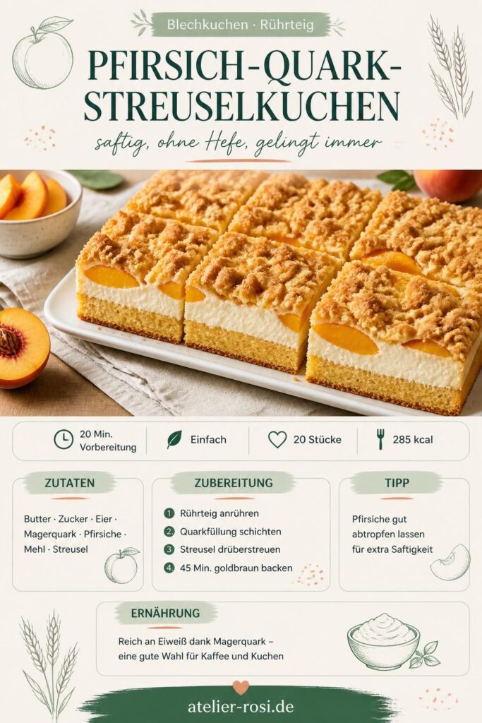 Pfirsich-Quark-Streuselkuchen vom Blech im Anschnitt – drei Schichten sichtbar auf Pinterest-Pin