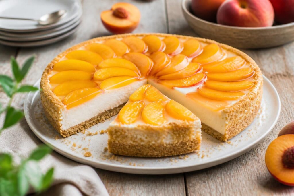 Pfirsich-Tarte ohne Backen mit Keksboden, cremiger Frischkäsefüllung und frischen Pfirsichhälften, angeschnitten auf einem hellen Holztisch