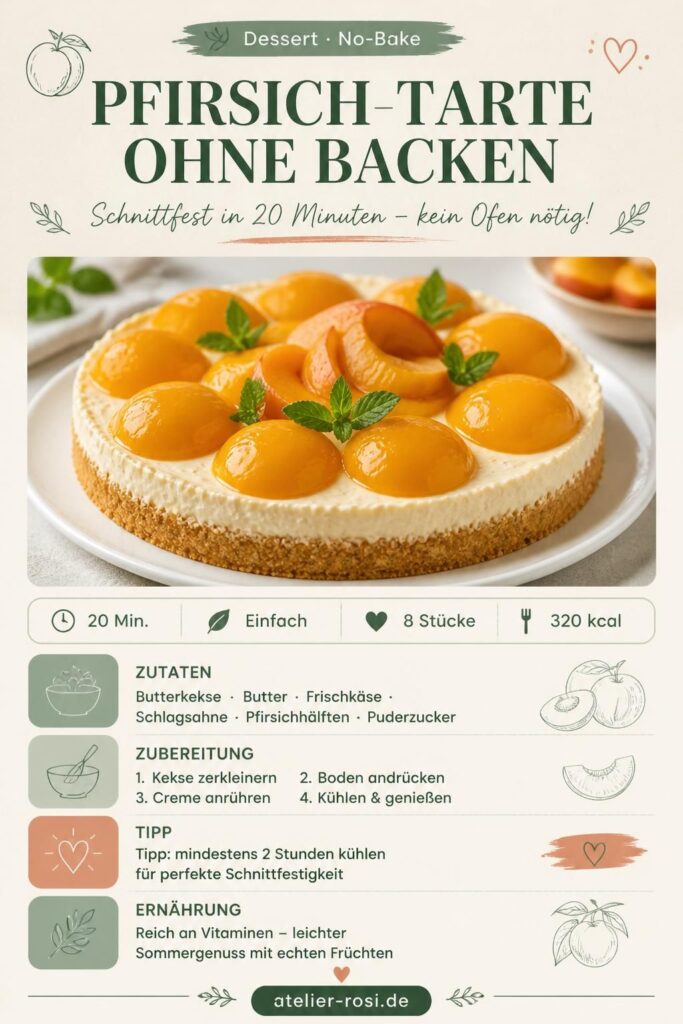 Pfirsich-Tarte ohne Backen mit Keksboden – Pinterest-Bild zum Merken