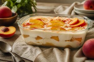 Pfirsich-Tiramisu ohne Ei in einer Glasauflaufform, mit cremiger Mascarpone-Schicht und frischen Pfirsichstücken, garniert mit Kakaopulver