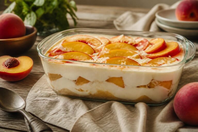 Pfirsich-Tiramisu ohne Ei in einer Glasauflaufform, mit cremiger Mascarpone-Schicht und frischen Pfirsichstücken, garniert mit Kakaopulver