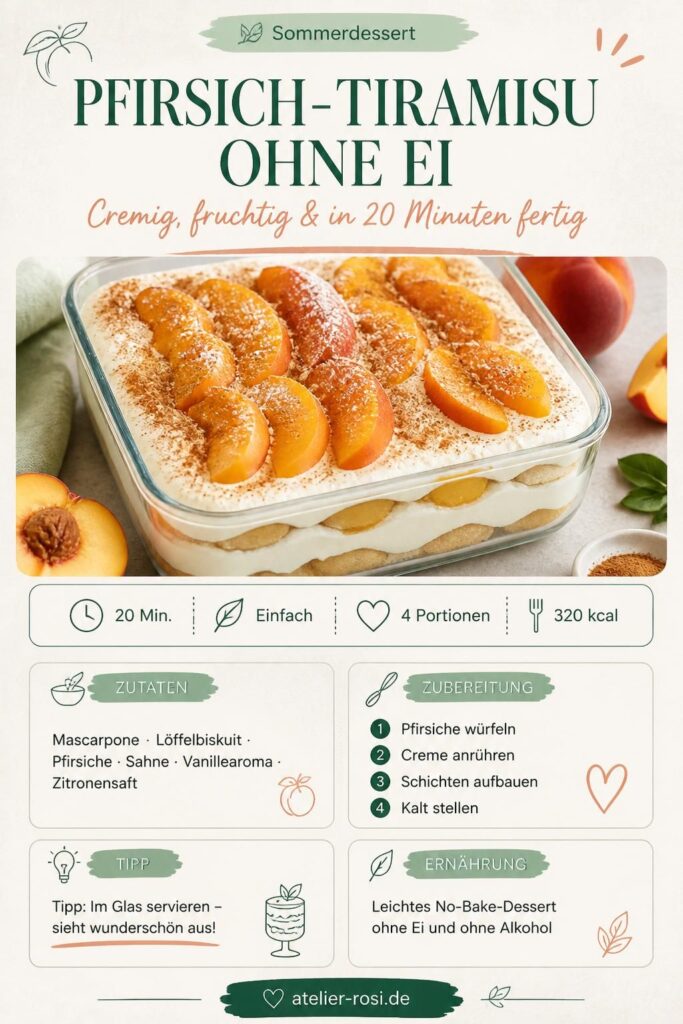 Pfirsich-Tiramisu ohne Ei in einer Glasform, mit cremiger Mascarpone-Schicht und frischen Pfirsichscheiben, für Pinterest